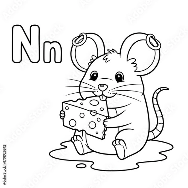 Fototapeta Mouse N coloring page. Cute animal alphabet illustration. Happy cartoon mouse character sitting and eating a large block of cheese with the letters Nn. Learning activity for children