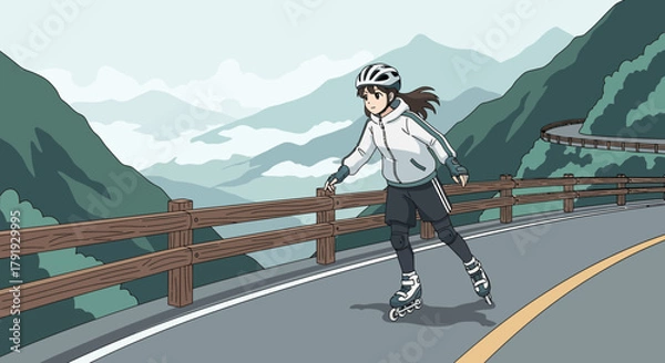 Fototapeta Animated girl roller skating on scenic mountain road with a safety helmet
