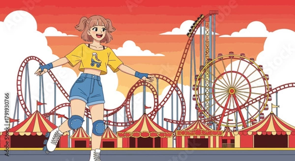 Fototapeta Cartoon illustration of girl on roller skates at an amusement park with vibrant atmosphere