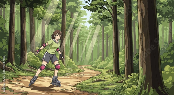 Fototapeta Anime-style rollerblader navigates sun-dappled forest path with graceful ease