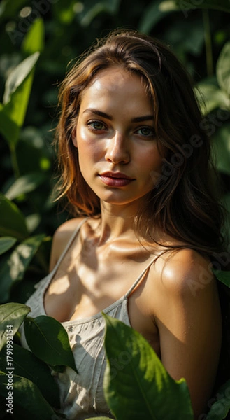 Fototapeta Portrait of a young woman with chestnut hair in a light white top surrounded by dense green foliage, soft sunlight illuminating her face and shoulders, symbolizing natural beauty, harmony, and summer 