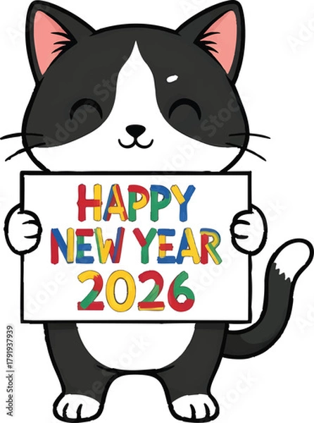 Obraz Cute Cat Holding Happy New Year 2026 Sign, Festive Greeting Illustration