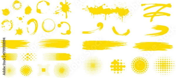 Obraz Collection of Yellow Paint Splatters, Brush Strokes, and Halftone Dots