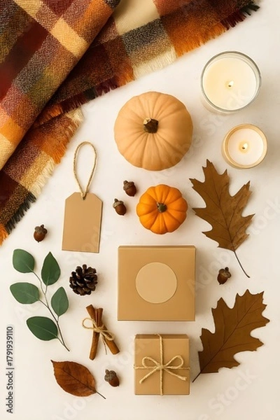 Fototapeta Autumnal Still Life with Pumpkins Candles and Cozy Textures A Warm and Inviting Seasonal Composition