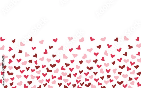 Fototapeta Small different red hearts on a white background with space for text, vector illustration, flat design. Holiday template, background element for postcards, banners, posters, weddings, valentines