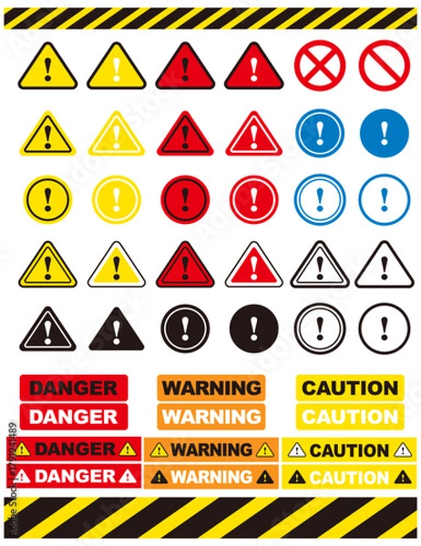 Obraz 注意マークと警告マークのイラスト素材セット。白背景にベクターイラスト。