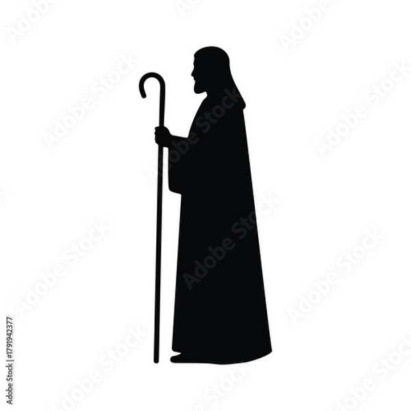 Fototapeta Silhouette of Jesus standing with a staff, simple black religious illustration on transparent background.
