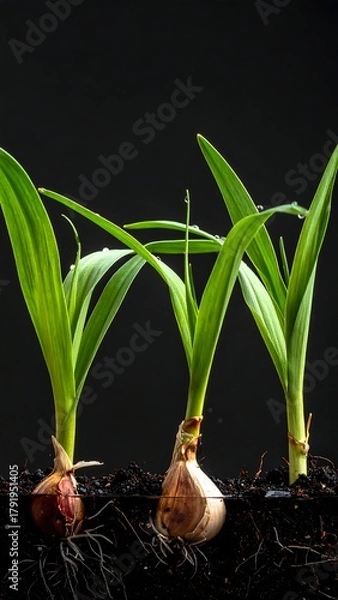 Fototapeta Three onions sprouting green shoots in dark soil against a black background