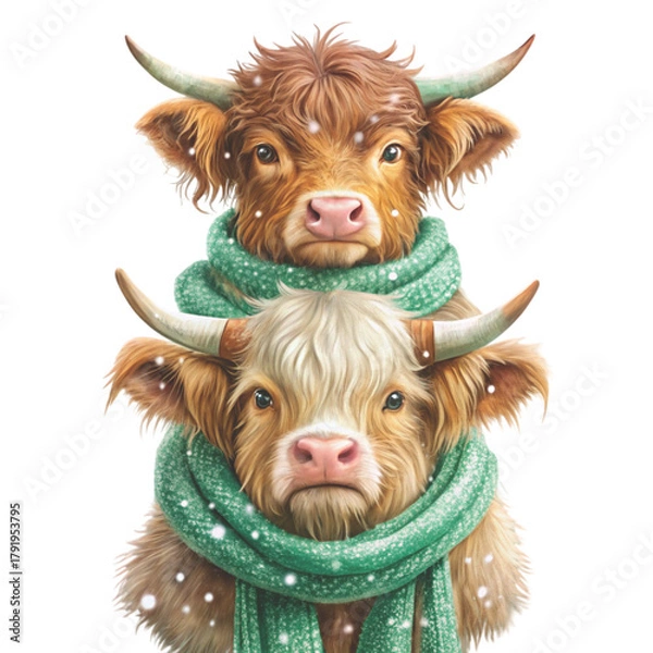 Fototapeta three cute highland cows stacked on top of each other clipart white background 