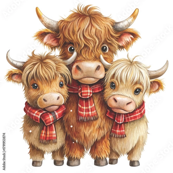 Fototapeta three cute highland cows stacked on top of each other clipart white background 