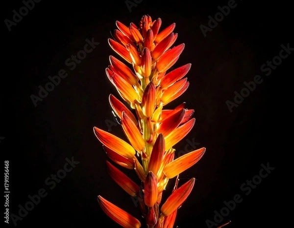 Fototapeta Vertical close-up of a vibrant, fiery-colored flowering succulent against black