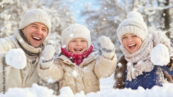 Fototapeta Joyful family playing in fresh snow, laughing and throwing snowballs during a fun winter day outdoors.
