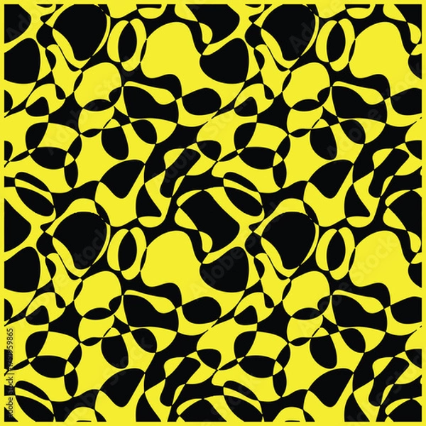 Obraz An abstract pattern of black and yellow shapes, featuring fluid, organic forms interspersed with various curves and negative spaces.