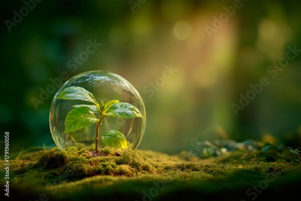 Obraz A sustainable future concept featuring green plants and eco friendly energy in nature. Symbols of growth, the environment, and renewable life.
