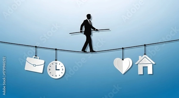Fototapeta Businessman balancing on a tightrope with symbols of work, time, love, and home hanging below