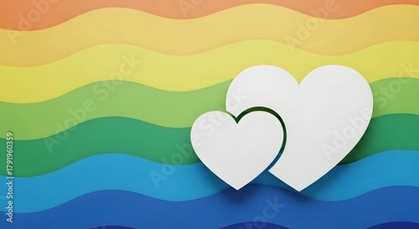 Fototapeta Two white hearts on a rainbow background, symbolizing love and diversity