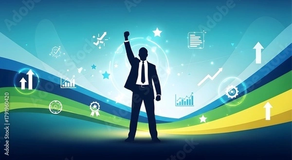 Fototapeta Silhouette of a businessman with his fist raised in triumph, symbolizing success and achievement against a backdrop of digital graphics and upward trends