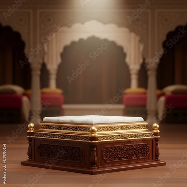 Fototapeta An ornate, richly decorated wooden and golden throne or display pedestal sits in a dimly lit, opulent room with arched doorways and ornate pillars