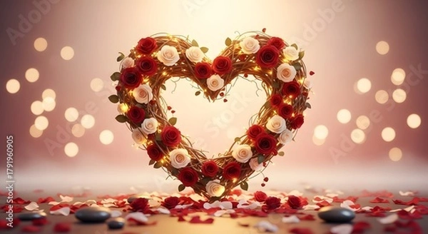 Fototapeta A beautiful heartshaped wreath adorned with red and white roses, illuminated by soft bokeh lights, symbolizing love and romance