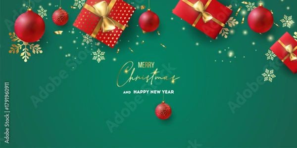 Obraz Merry Christmas and Happy New Year background for Greeting cards with tree Branches christmas tree gold paper and gold stars. Merry Christmas vector text Calligraphic Lettering Vector illustration