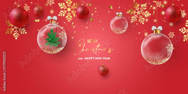 Obraz Merry Christmas and Happy New Year background for Greeting cards with tree Branches christmas tree gold paper and gold stars. Merry Christmas vector text Calligraphic Lettering Vector illustration