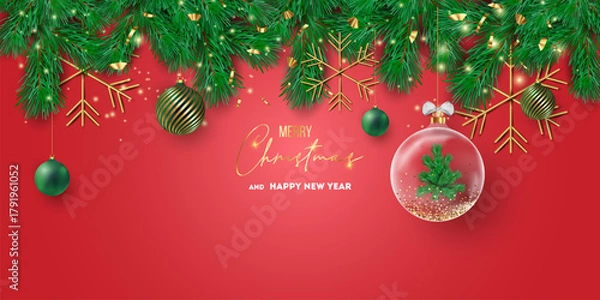 Obraz Merry Christmas and Happy New Year background for Greeting cards with tree Branches christmas tree gold paper and gold stars. Merry Christmas vector text Calligraphic Lettering Vector illustration