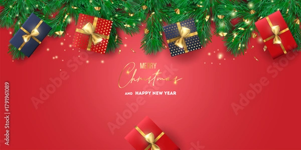 Obraz Merry Christmas and Happy New Year background for Greeting cards with tree Branches christmas tree gold paper and gold stars. Merry Christmas vector text Calligraphic Lettering Vector illustration