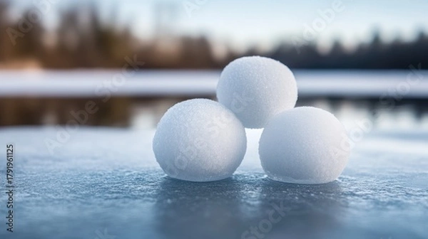 Fototapeta Three white snowballs resting on a frozen lake surface with a blurred winter forest background