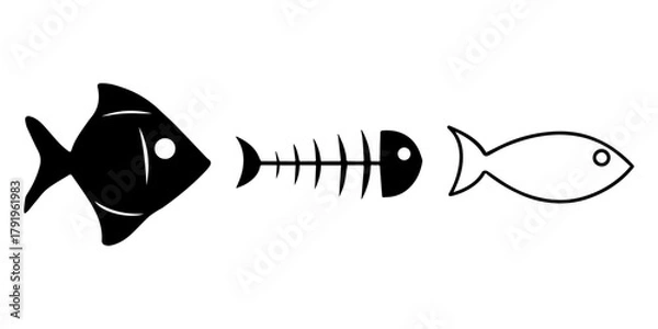 Fototapeta Fish Evolution Concept Solid Silhouette Skeleton Remains and Outline Symbol on White Background