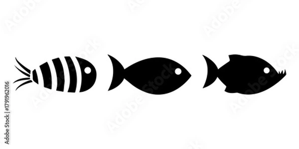 Fototapeta Three Black Fish Silhouettes in a Row Showing Evolution or Food Chain Concept