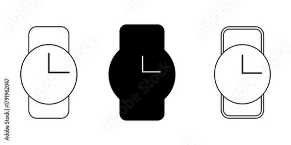 Fototapeta Set of Three Watch and Time Icons Outline Solid Black and Modern Smartwatch Style