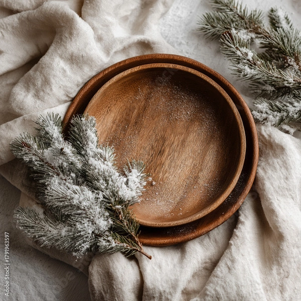 Obraz Wooden plates with snowy pine branches on linen fabric backdrop