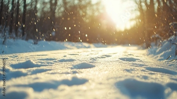 Fototapeta Golden hour sun shines on a serene winter path with sparkling snow and footprints