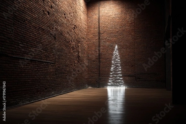 Obraz A contemporary interior with a textured brick wall, contrasting black metal details, and a simple Christmas tree illuminated by soft, inviting lights