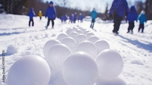 Fototapeta Perfectly round snowballs in a line on a snowy path, with people in blue jackets enjoying winter activities