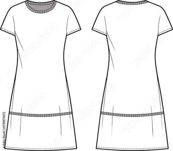 Obraz Women’s t-shirt dress CAD flat vector illustration, front and back technical fashion sketch, clothing template, apparel design, garment pattern mockup