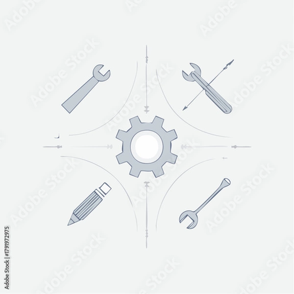 Fototapeta Minimalist line art illustration representing the process of system setup, customization, and creative development with essential tools