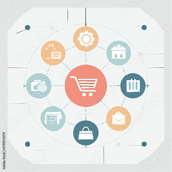 Fototapeta E-commerce and online shopping technology network with interconnected icons representing various business and retail functions