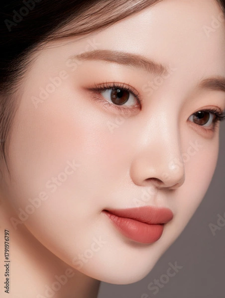 Obraz Close-up beauty portrait featuring smooth skin texture, natural glow, and soft makeup details.
