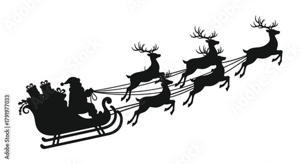 Fototapeta Silhouette of santa claus in a sleigh pulled by reindeer flying through the sky