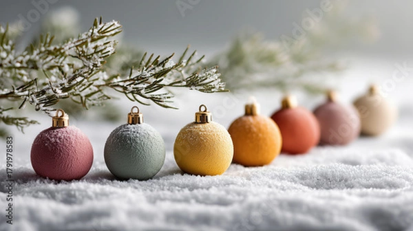 Fototapeta Colorful Christmas ornaments snow with frosted pine branch, creating festive and serene winter scene. ornaments are arranged line, showcasing variety of pastel colors, enhancing holiday atmosphere