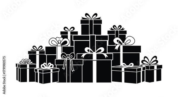 Fototapeta A large pile of black and white gift boxes with ribbons and bows for celebrations and holidays