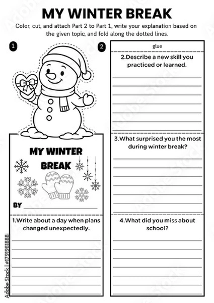 Fototapeta Winter writing prompt flipbook craft for kids! Includes DIY coloring templates with creative writing and gratitude themes. Perfect for classroom ELA lessons and fun holiday activities.