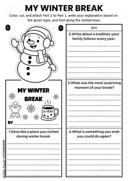 Fototapeta Winter writing prompt flipbook craft for kids! Includes DIY coloring templates with creative writing and gratitude themes. Perfect for classroom ELA lessons and fun holiday activities.
