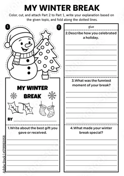 Fototapeta Winter writing prompt flipbook craft for kids! Includes DIY coloring templates with creative writing and gratitude themes. Perfect for classroom ELA lessons and fun holiday activities.