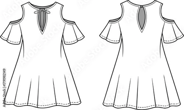 Obraz Women’s cold shoulder dress CAD flat sketch, flare dress vector illustration, fashion technical drawing, apparel design template, garment mockup