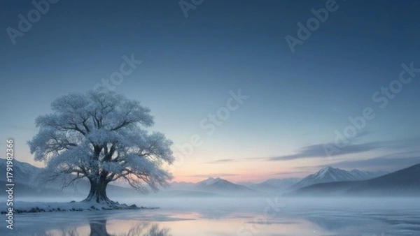 Obraz 雪と氷に覆われた湖畔に立つ一本の木、幻想的な冬の夜明け