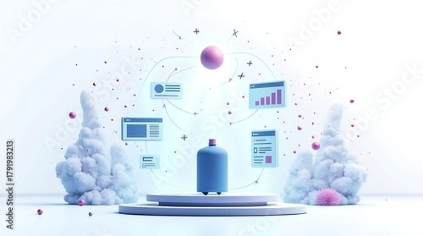 Obraz AI-powered product launch ecosystem: Flat illustration showing a central product, surrounded by holographic SEO keywords and personalized social media ads, all managed by an abstract AI entity.