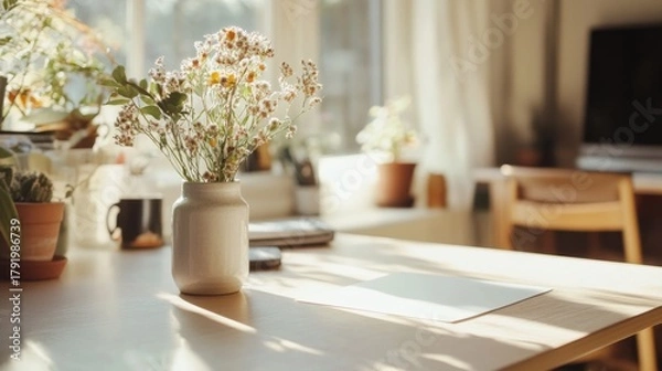 Obraz Overhead, close-up, a piece of pure white photo paper on a light-colored table, The background is a cozy home office space with soft natural light creating a warm atmosphere