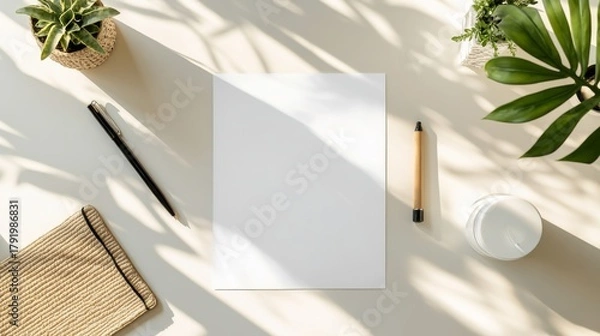 Fototapeta Overhead, close-up, a piece of pure white photo paper on a light-colored table, The background is a cozy home office space with soft natural light creating a warm atmosphere
